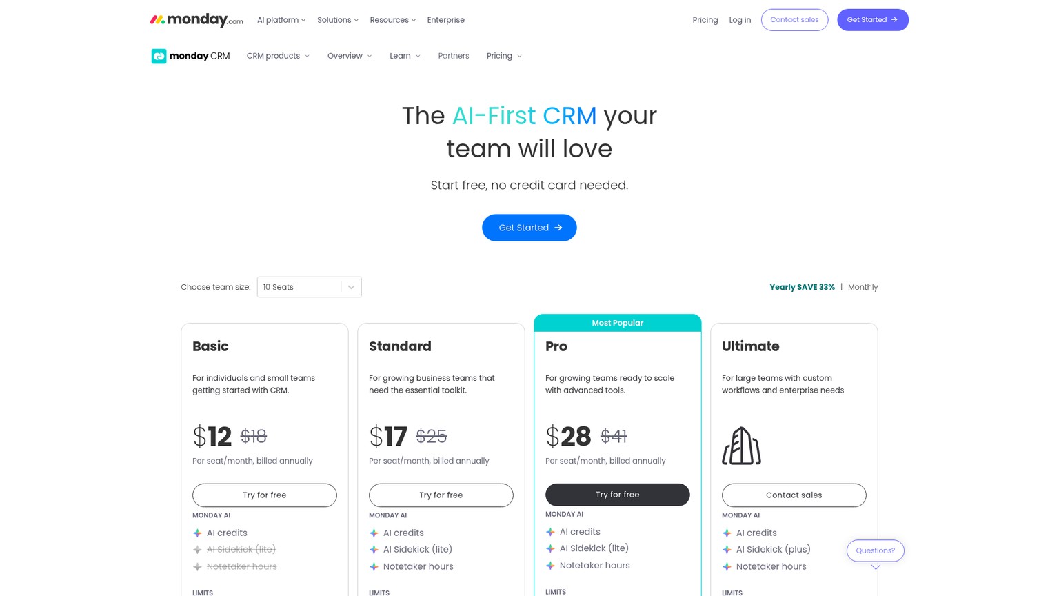 monday CRM live pricing page with Basic, Standard, Pro, and Ultimate