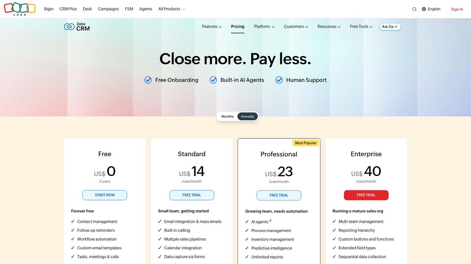 Zoho CRM and CRM Plus live pricing page