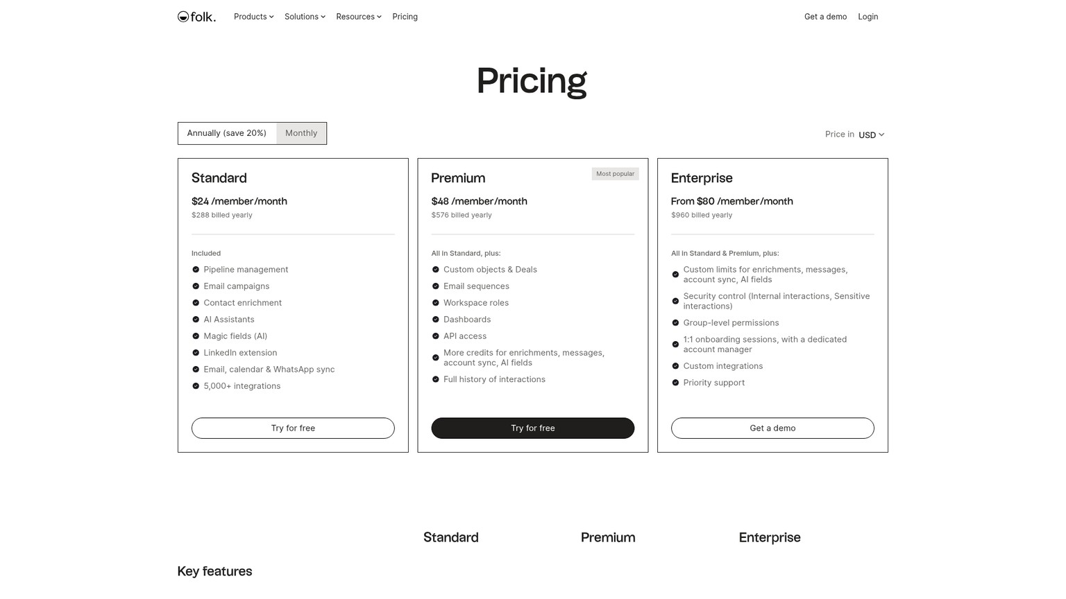 folk CRM live pricing page with Standard, Premium, and Enterprise