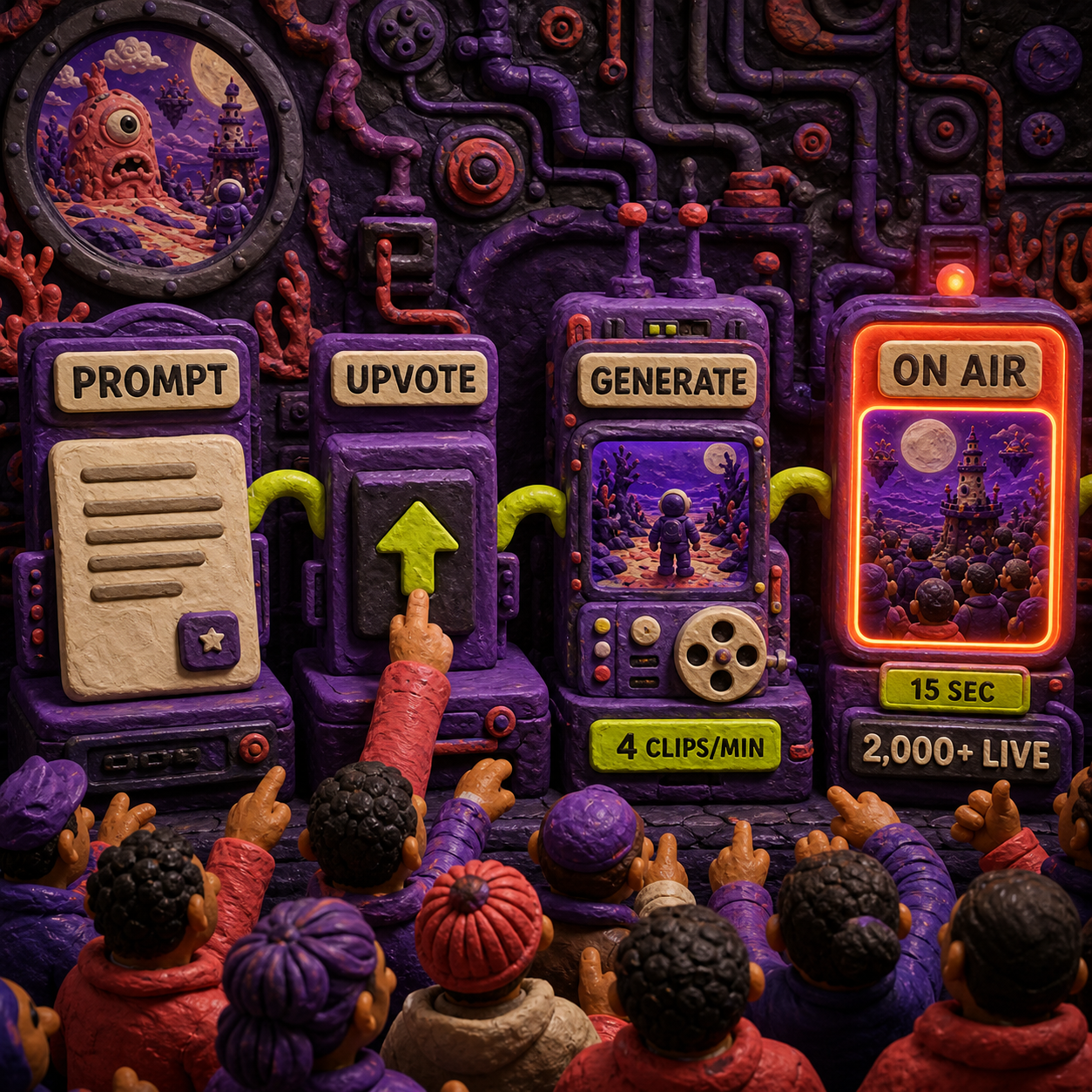 A four-stage plasticine flow showing a viewer prompt moving through crowd voting and AI generation into a shared live broadcast