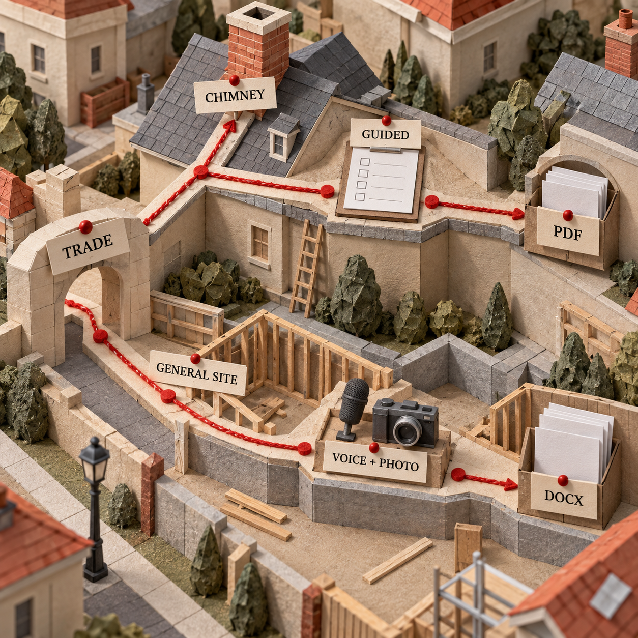 Paper decision flow routing chimney inspections to guided PDF records and general site inspections to voice and photo DOCX reports