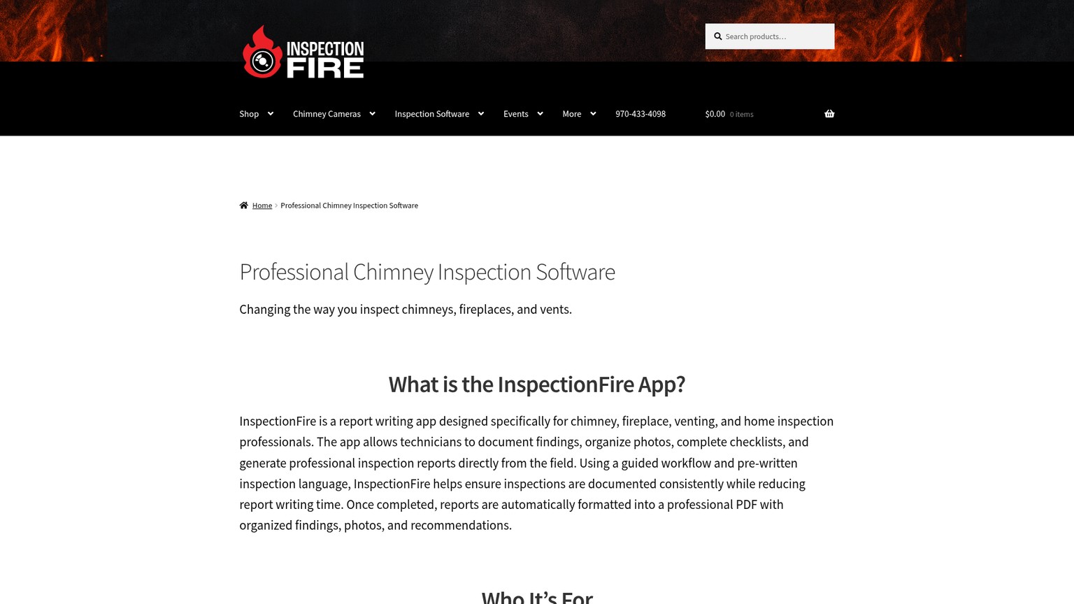 InspectionFire app page showing its guided chimney inspection workflow and report features
