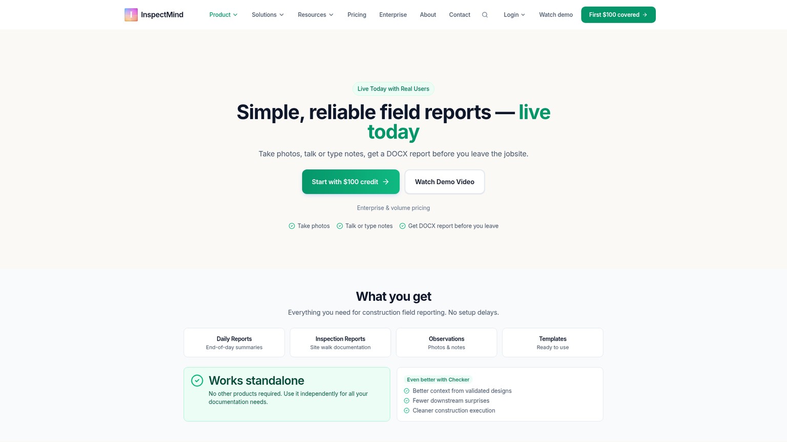 InspectMind Field Reports page showing photo and voice capture with DOCX report output