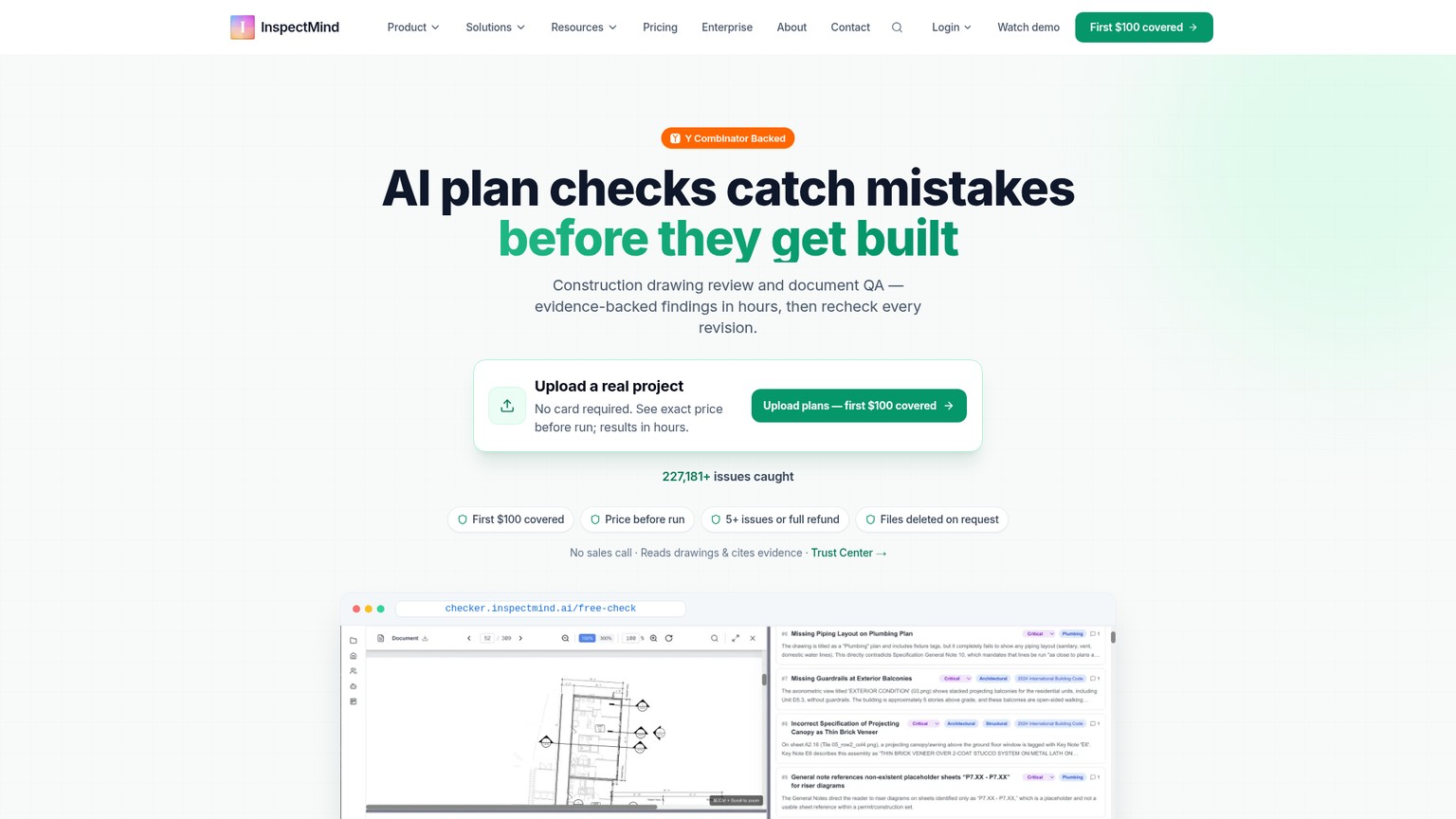 InspectMind AI homepage showing its construction drawing plan-check service