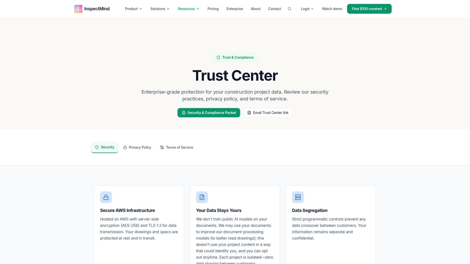 InspectMind Trust Center showing storage, training, access, and deletion terms