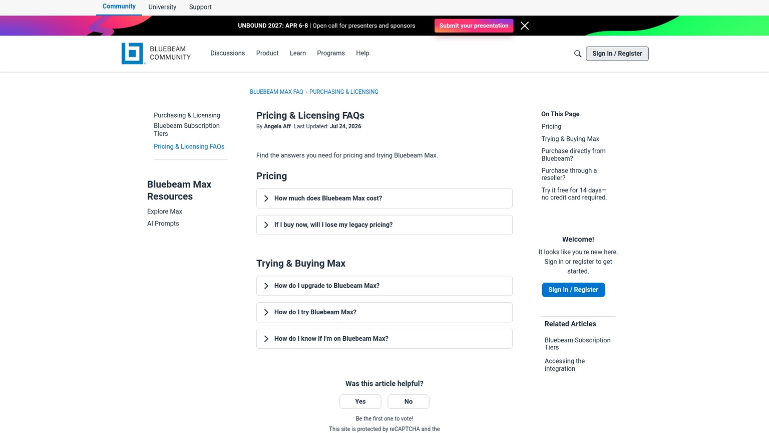 Bluebeam pricing and licensing page showing the current Max price