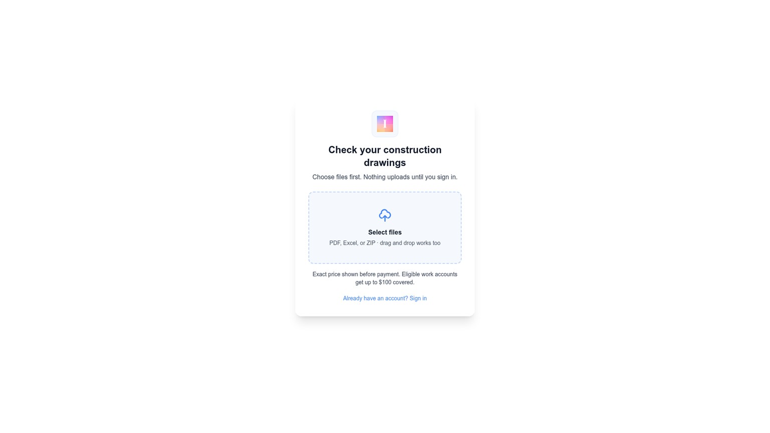 InspectMind public checker asking the user to select construction files before signing in