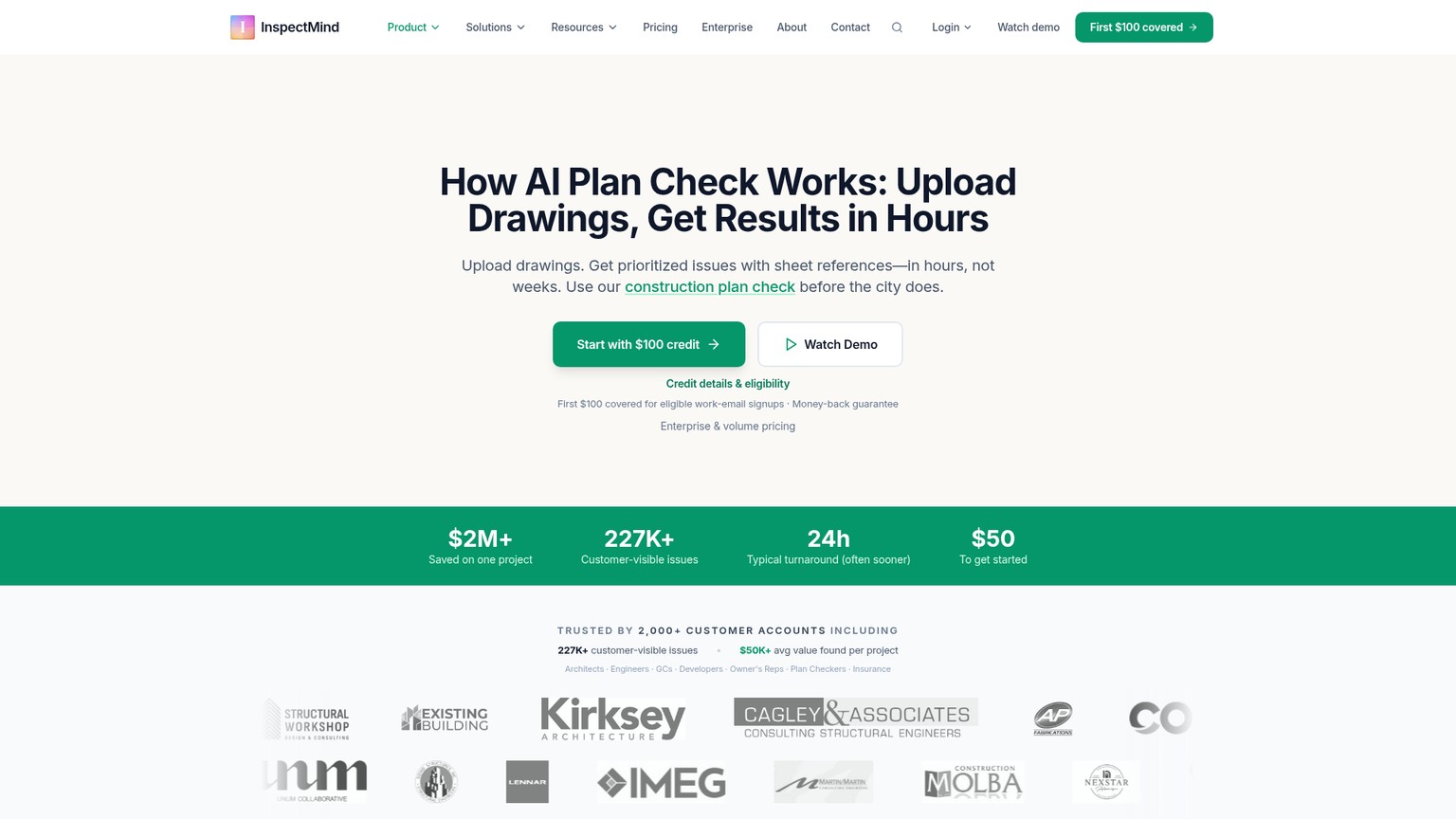 InspectMind how-it-works page showing upload, AI review, issue review, and export steps