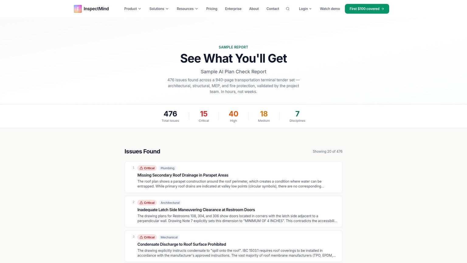 InspectMind public sample report showing issue titles, severities, disciplines, and explanations