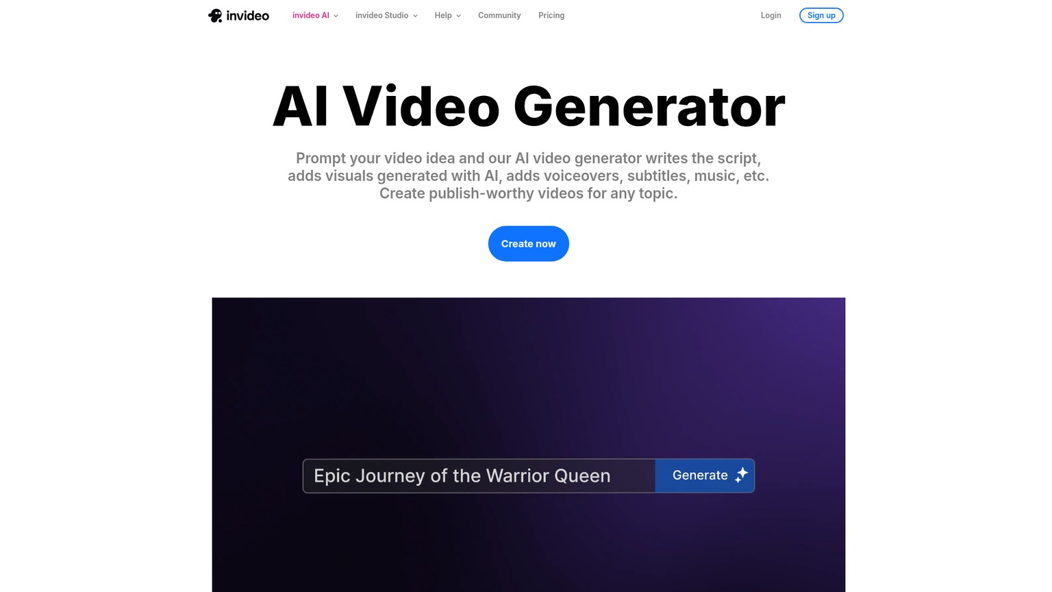Página do gerador de vídeo com IA do InVideo mostrando a criação de vídeo a partir de um prompt