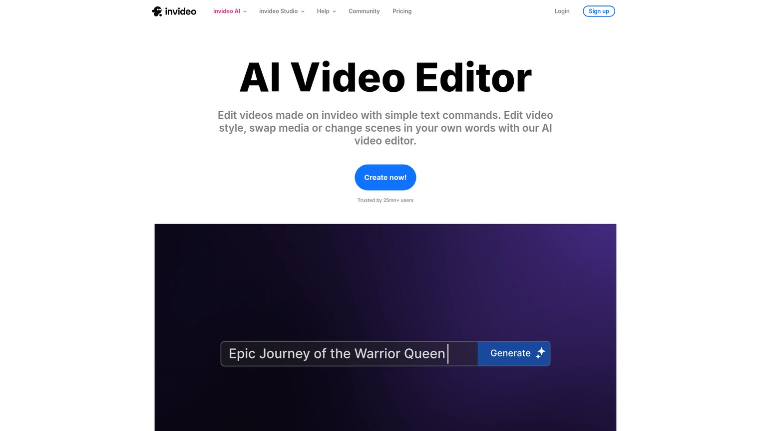 Página do recurso de edição de vídeo com IA InVideo Magic Box