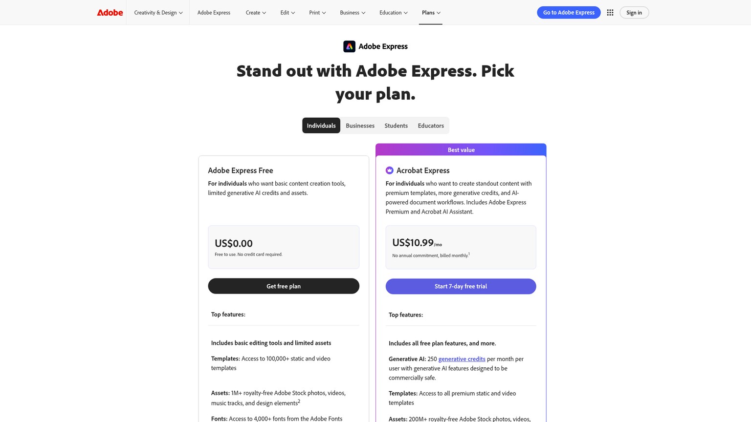 Adobe Express pricing page showing Free, Acrobat Express, and team plans