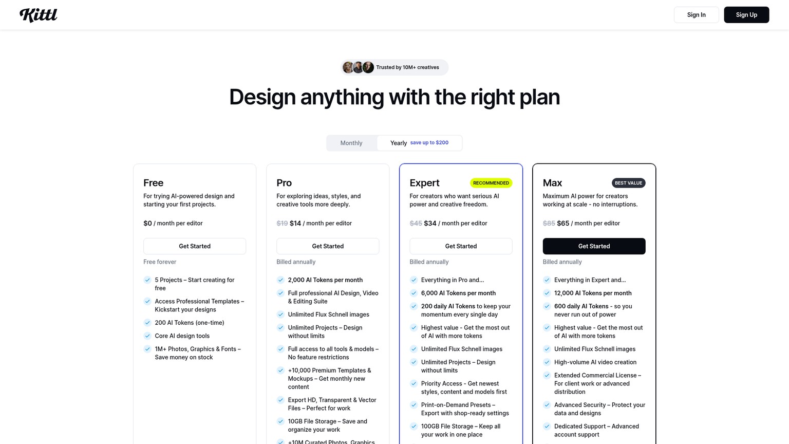 Kittl pricing page showing Free and Pro plans