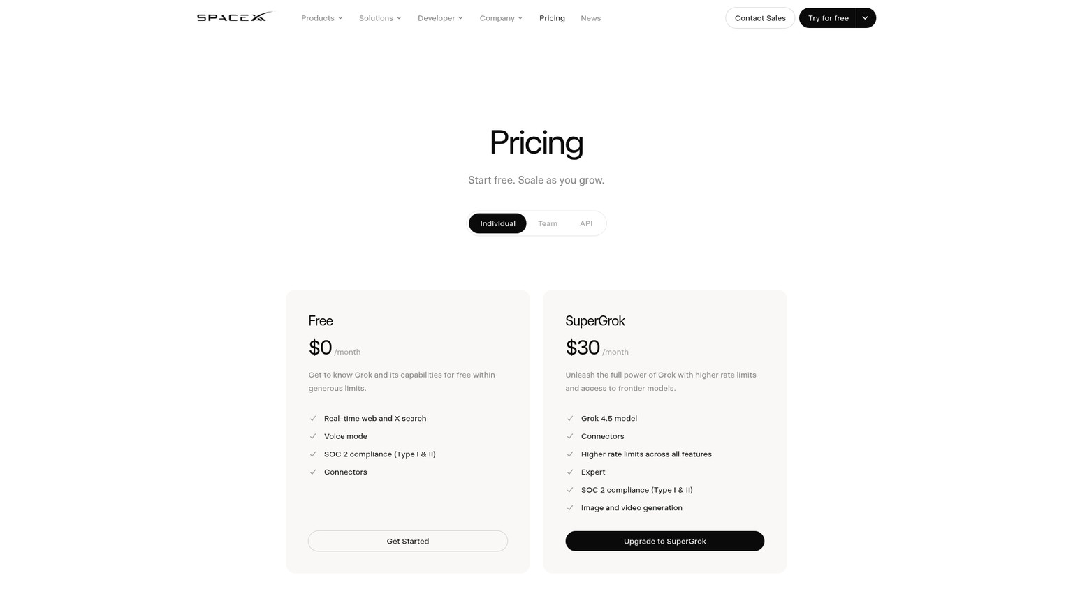 Grok pricing page showing Free and SuperGrok plan cards
