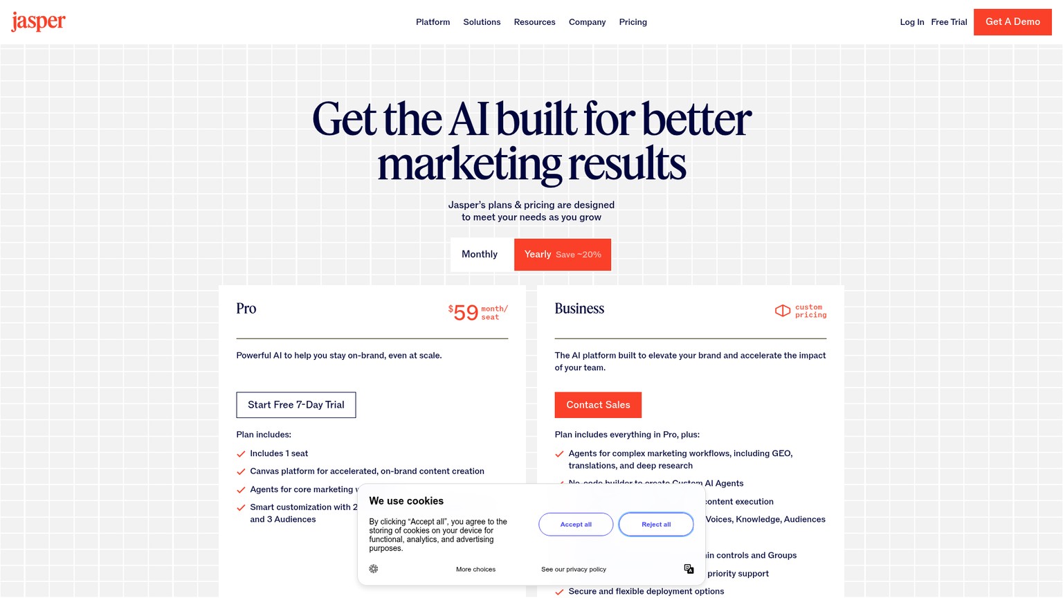 Jasper pricing page showing Pro and Business plans
