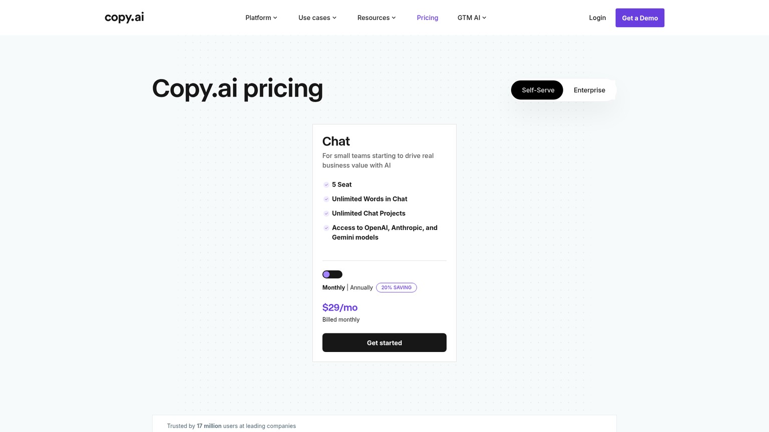 Copy.ai pricing page showing Chat and workflow plans