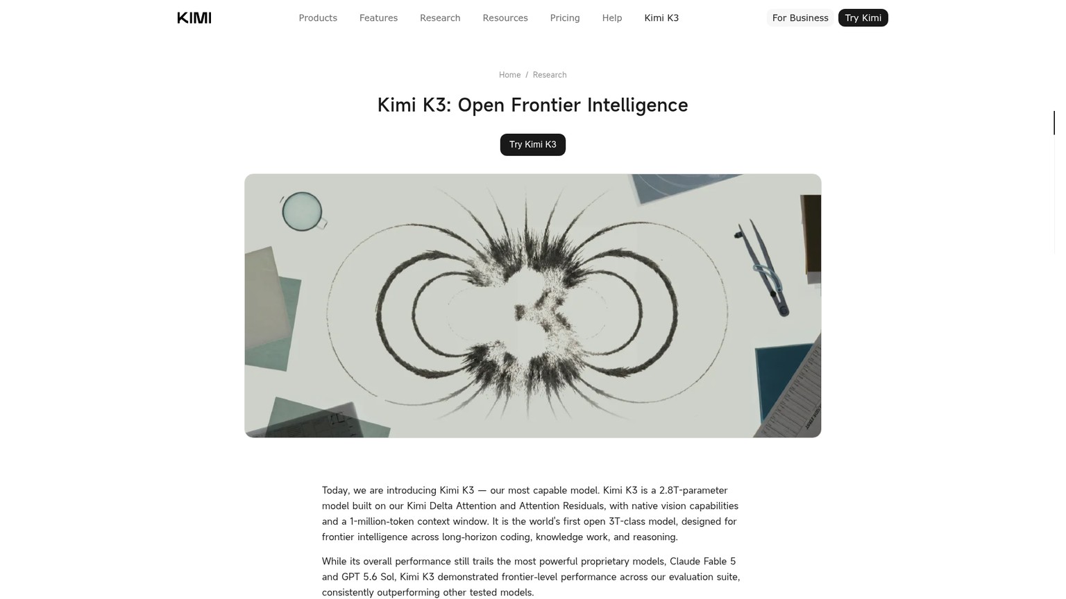 Kimi K3 launch page with model details and benchmark visuals