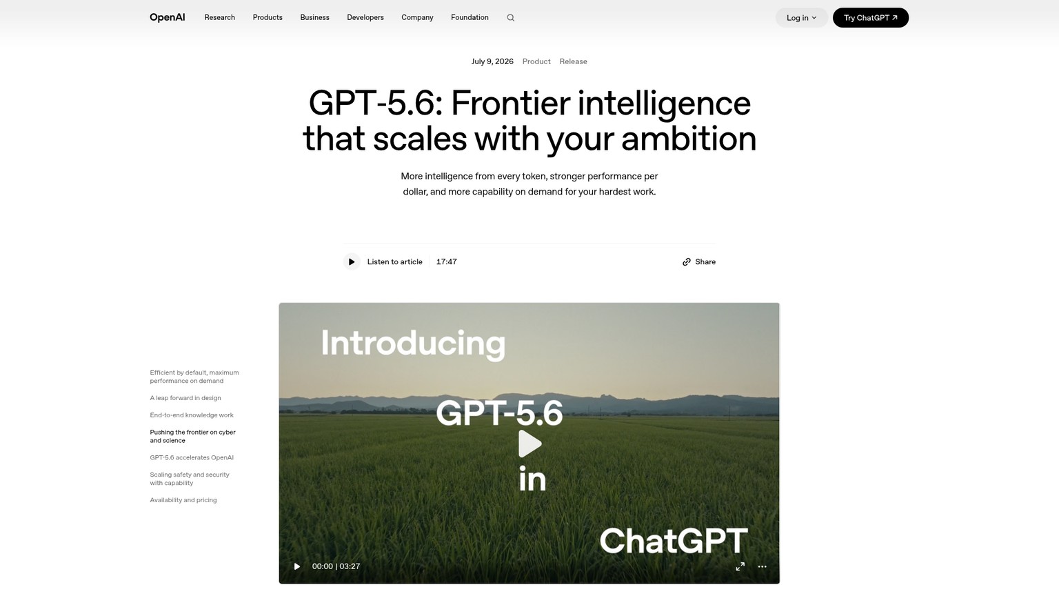 OpenAI GPT-5.6 launch page with Sol, Terra, and Luna