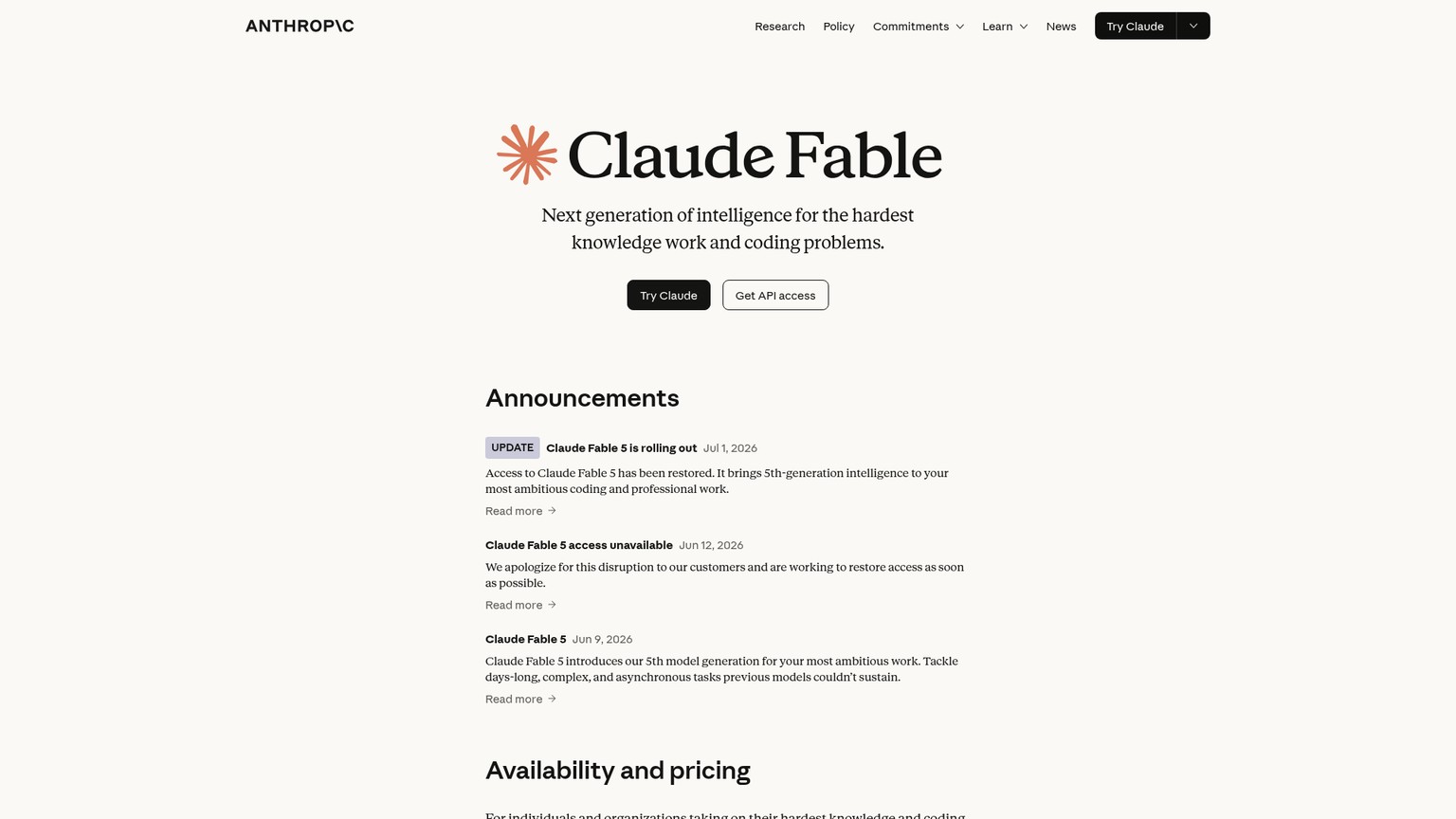 Anthropic Claude Fable 5 product and pricing page