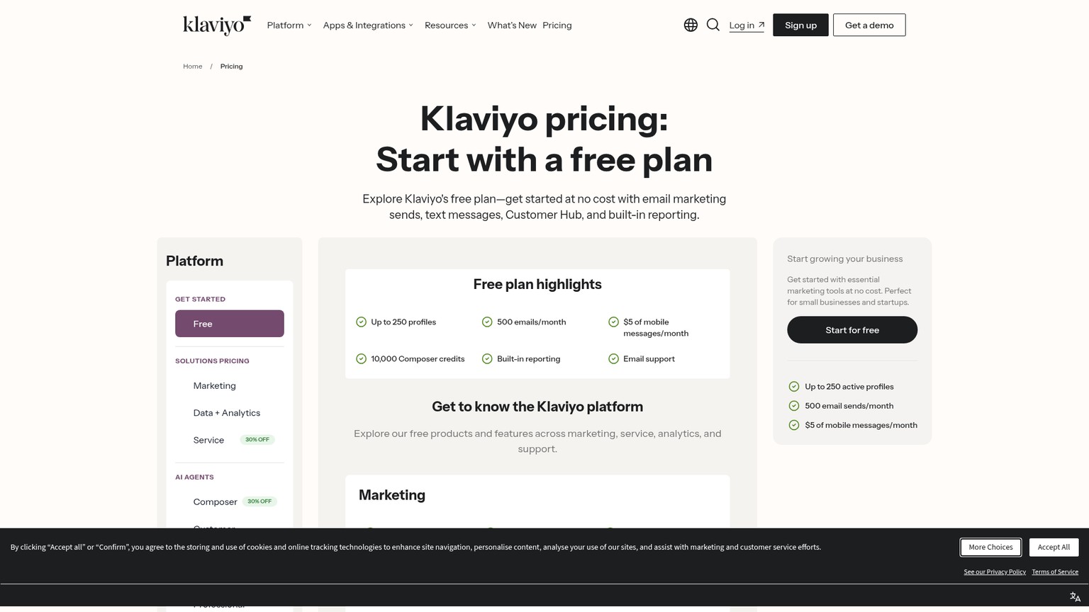 Klaviyo pricing page showing the current free plan and plan builder