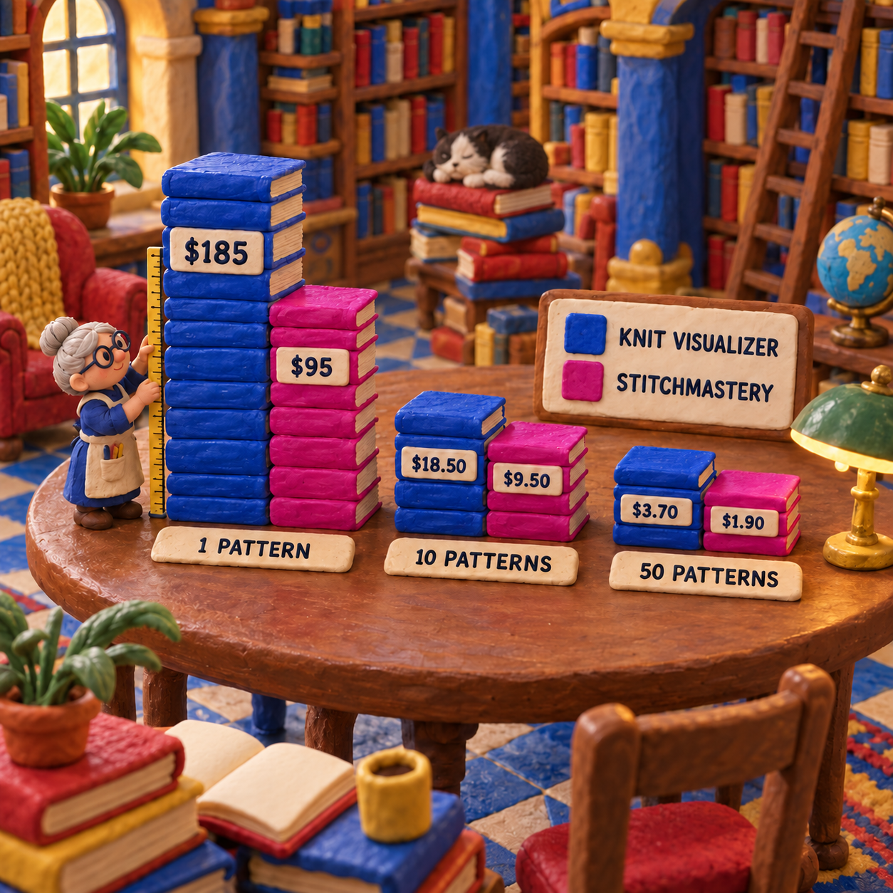 Grouped columns comparing Knit Visualizer and Stitchmastery licence cost per pattern at one, ten, and fifty patterns