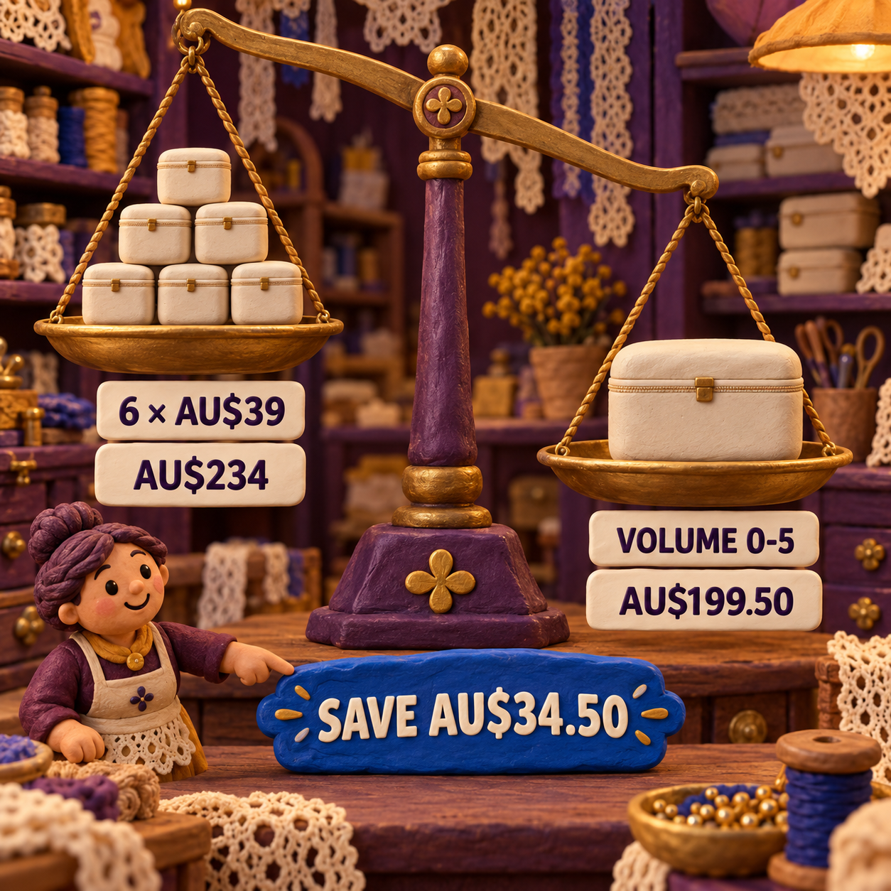Clay comparison scale showing six individual Lace8 motif volumes versus the discounted Volume 0-5 bundle