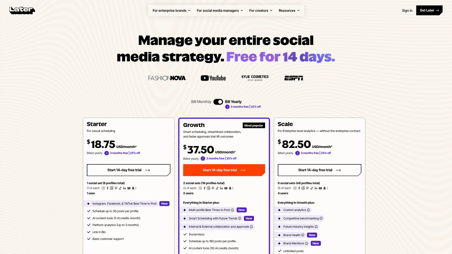 Later pricing page showing Starter, Growth, and Scale plans