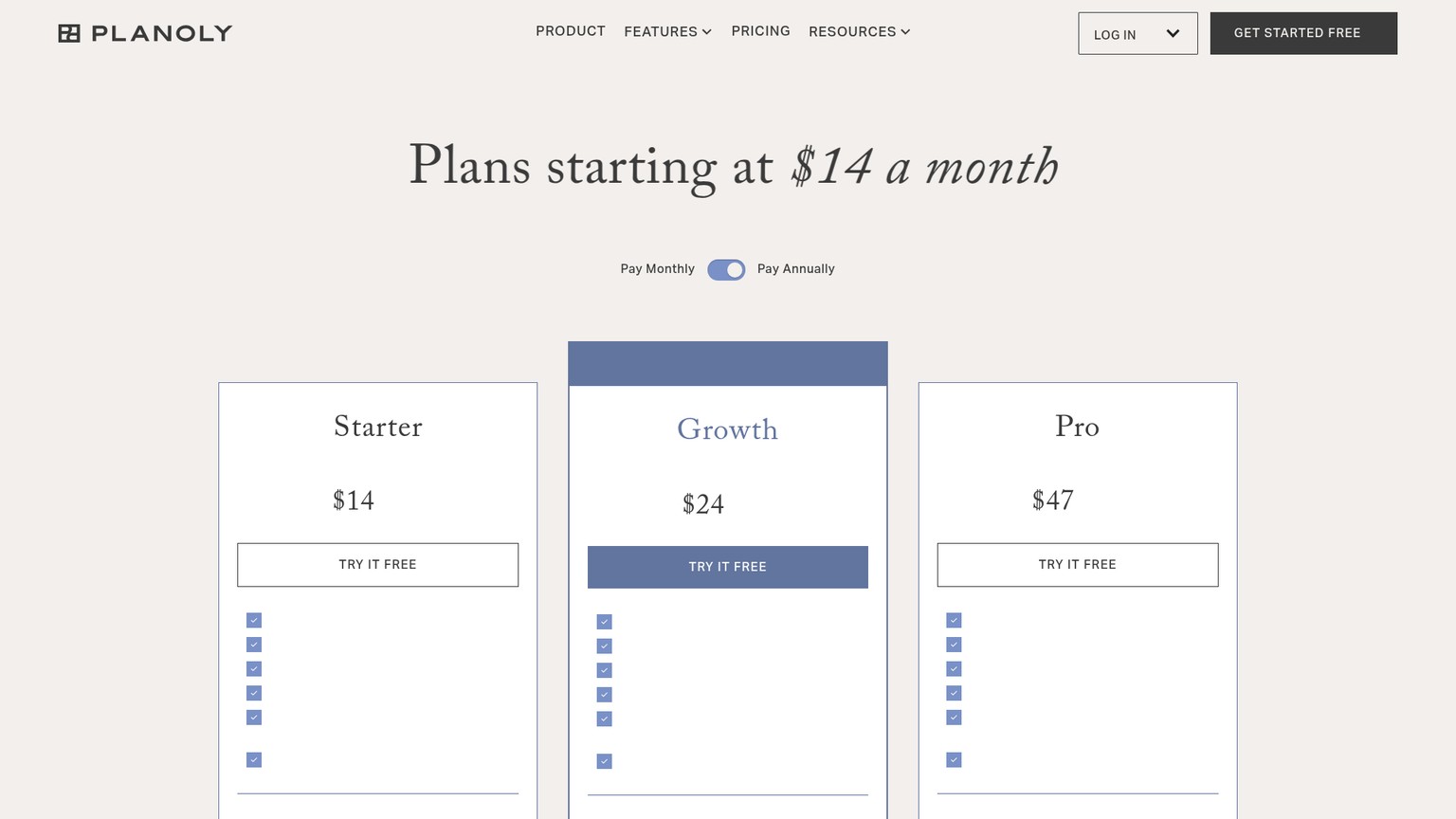 Planoly pricing page showing Starter, Growth, and Pro plans