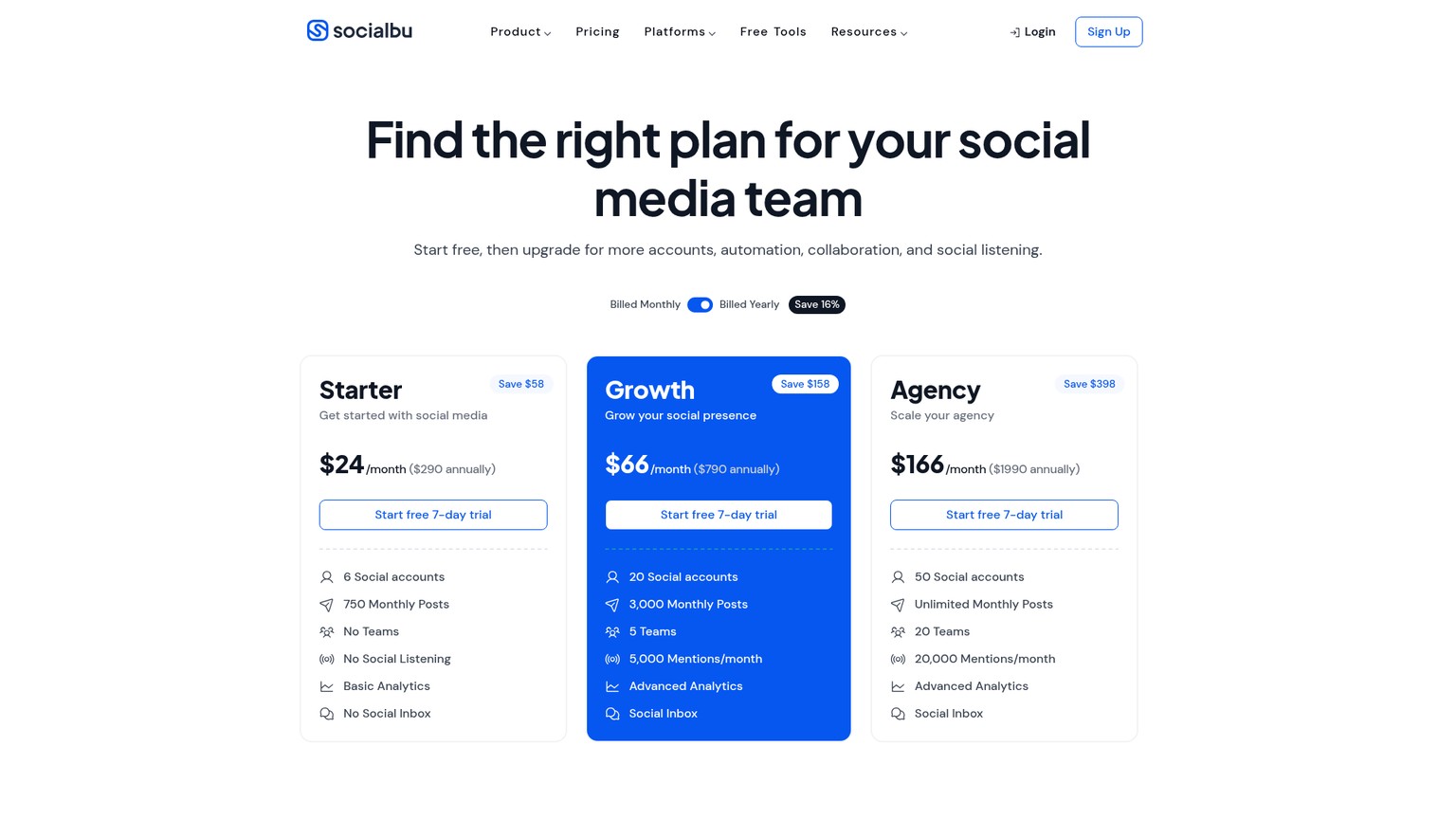 SocialBu pricing page showing Free, Starter, Growth, and Agency plans