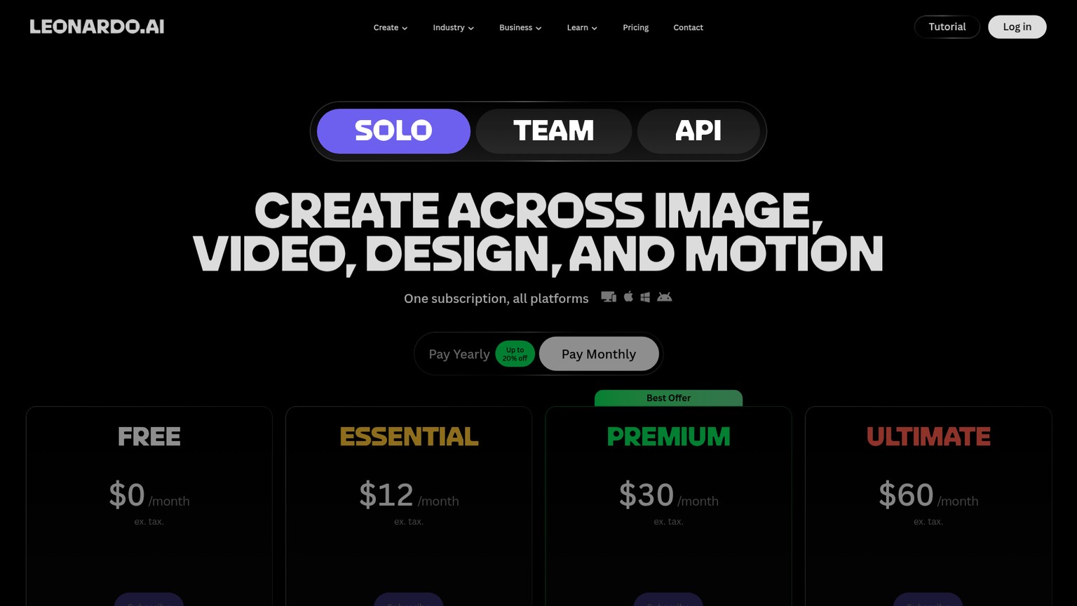 Leonardo AI pricing page showing Free, Essential, Premium and Ultimate tiers