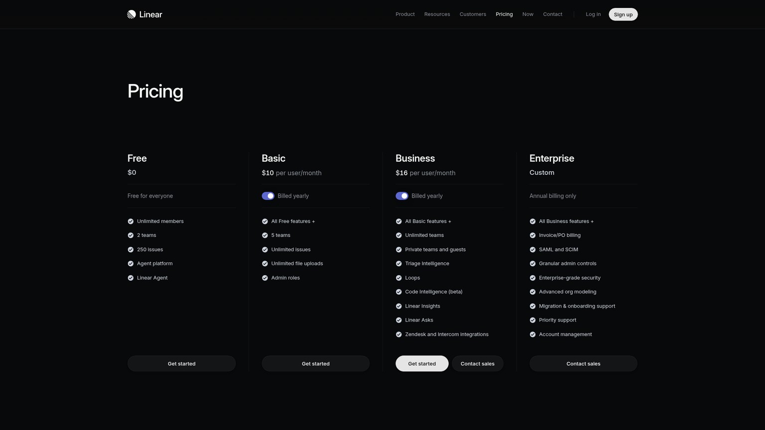 Linear pricing page showing Free, Basic, Business, and Enterprise plans