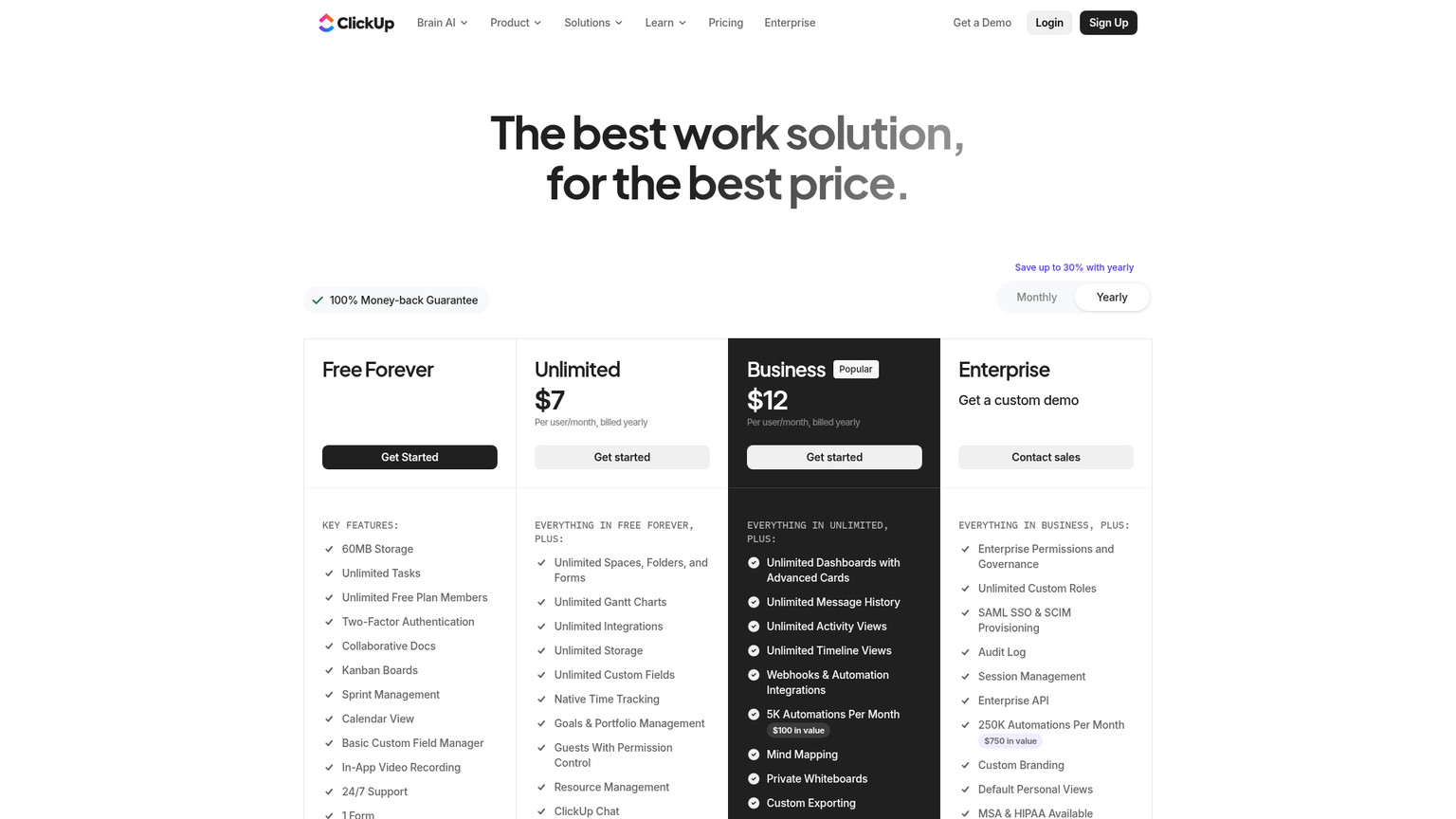 ClickUp pricing page showing Free Forever, Unlimited, Business, and Enterprise plans
