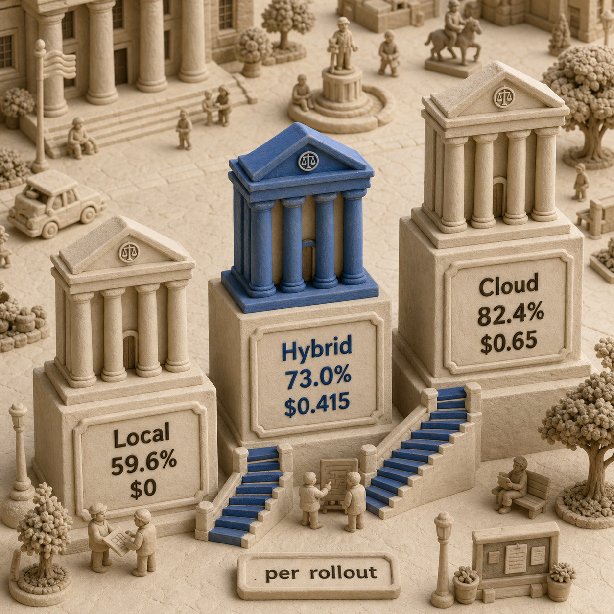 Three-column chart comparing local, hybrid, and cloud completion rates and API cost per rollout