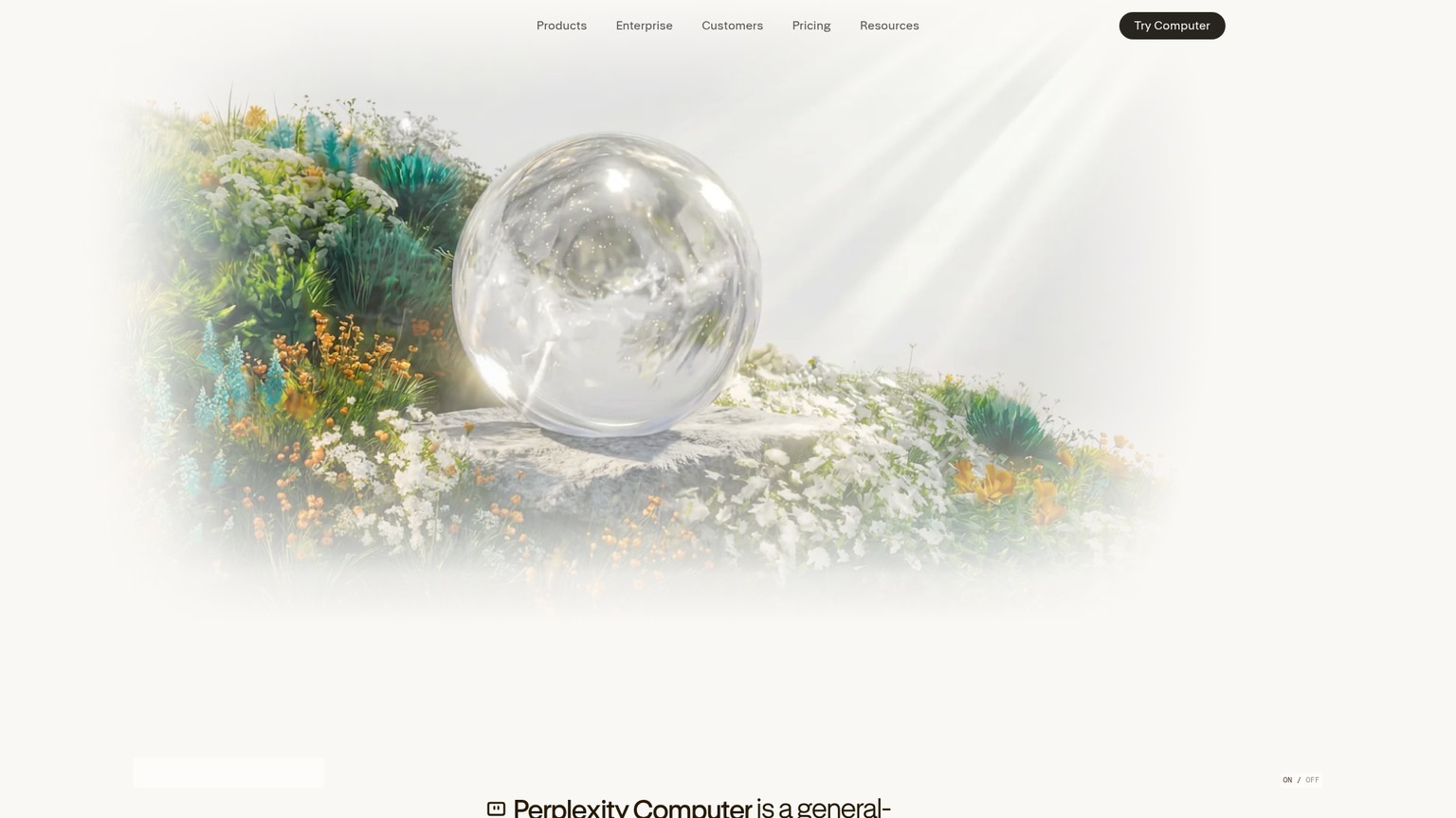 Perplexity Computer cloud agent product page showing its hosted research and task workflow