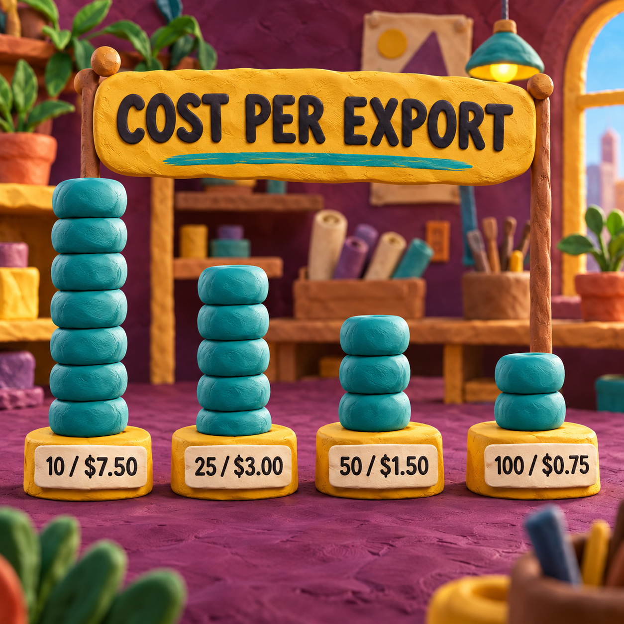 Clay bead columns showing Loomerly Full Version cost per export at four lifetime output counts