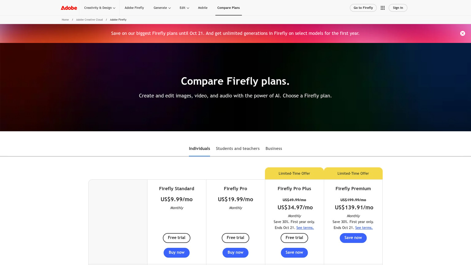 Adobe Firefly live pricing page showing Standard, Pro, Pro Plus, and Premium plans