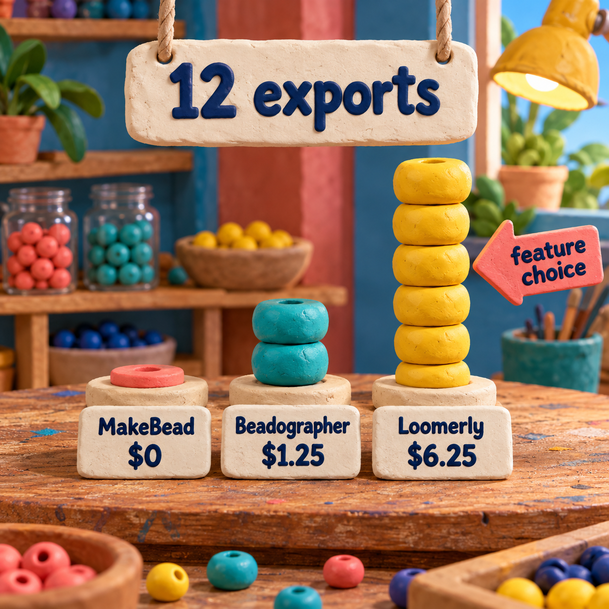 Clay bead-counting towers comparing MakeBead, Beadographer, and Loomerly software cost per export at 12 exports