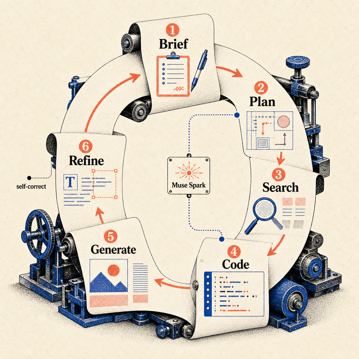 Muse Image workflow from brief through planning, search, code, generation, and refinement