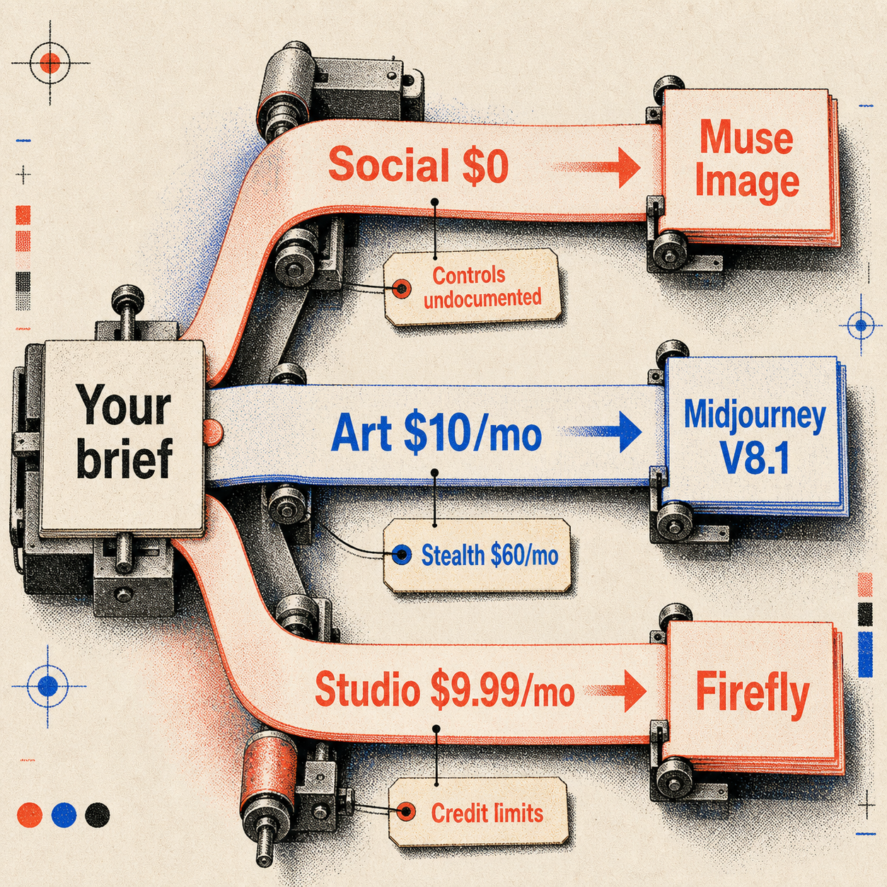 Decision map routing social work to Muse Image, art direction to Midjourney, and studio production to Firefly