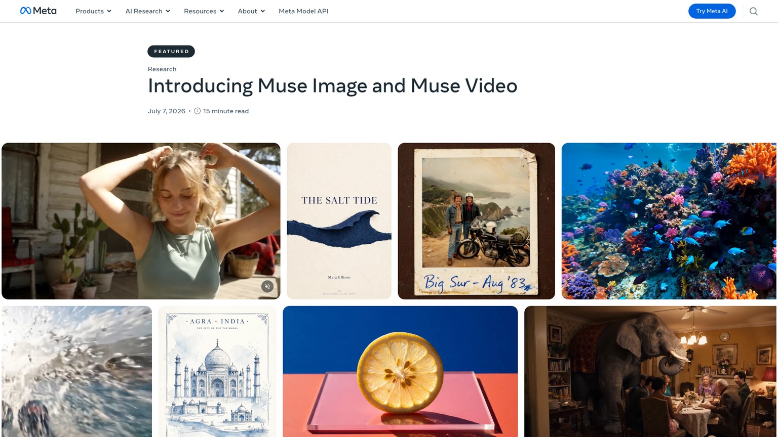 Meta Muse Image launch page showing the image model and its examples