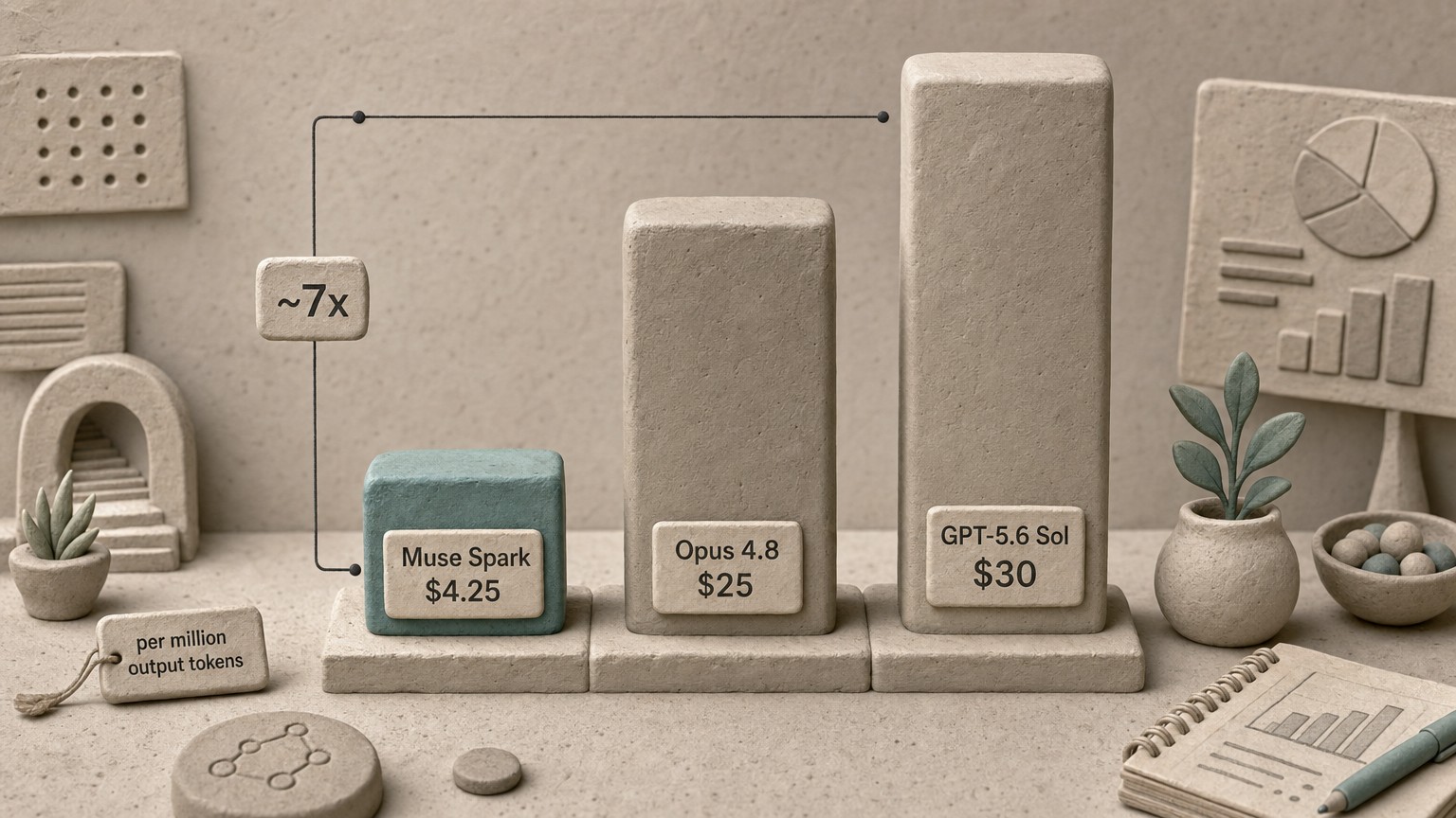 Output-token cost ladder: Muse Spark $4.25 vs Opus 4.8 $25 vs GPT-5.6 Sol $30
