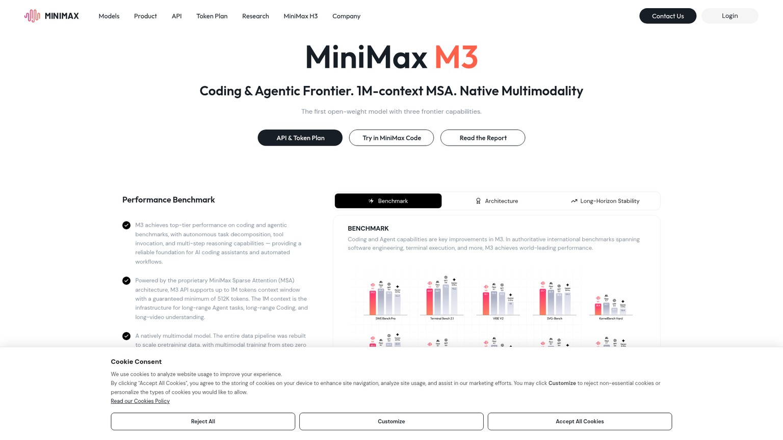 MiniMax M3 model page showing coding, agent, multimodal, and one-million-token context capabilities