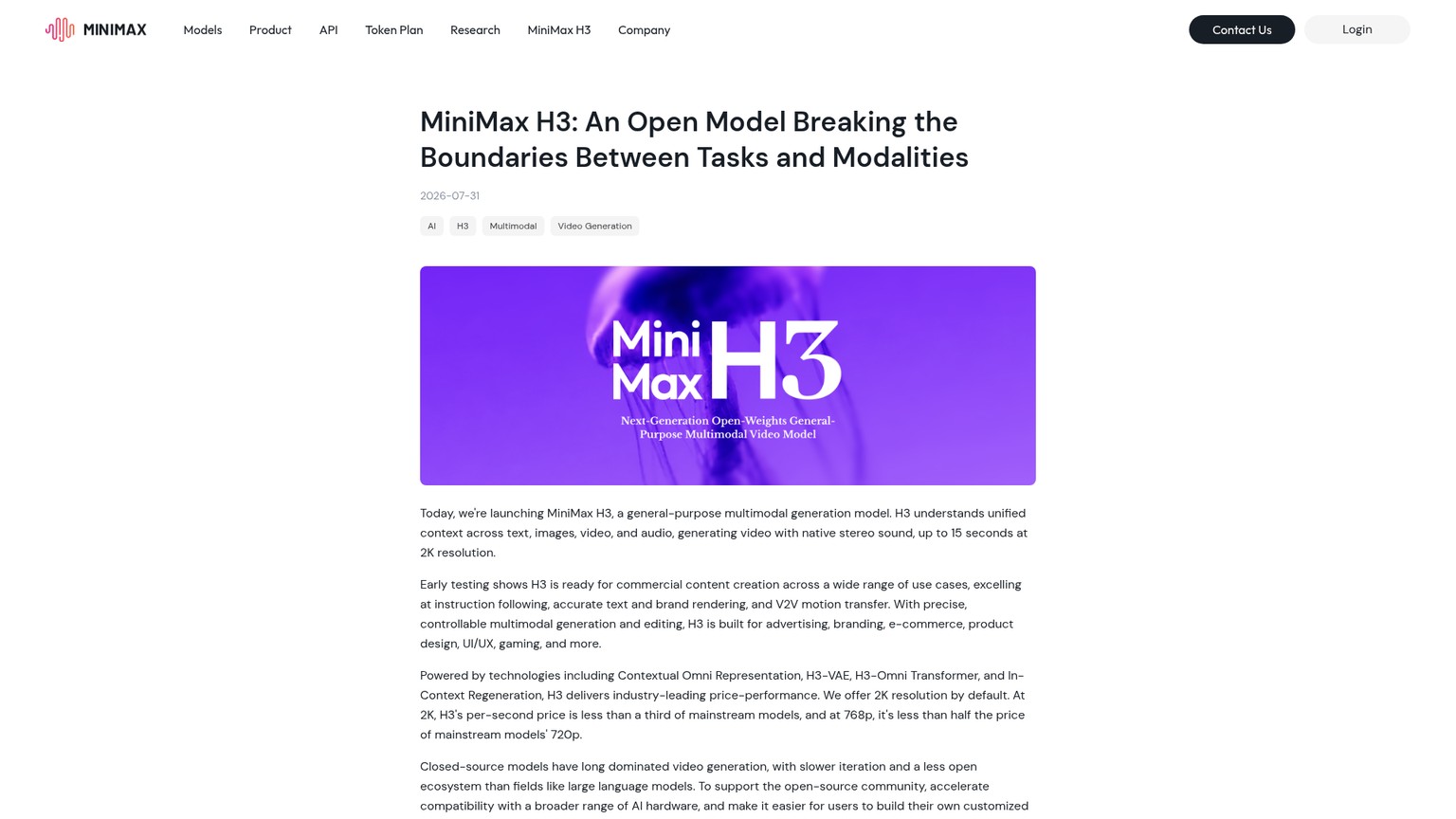 MiniMax H3 official page showing omni-modal video generation with native audio