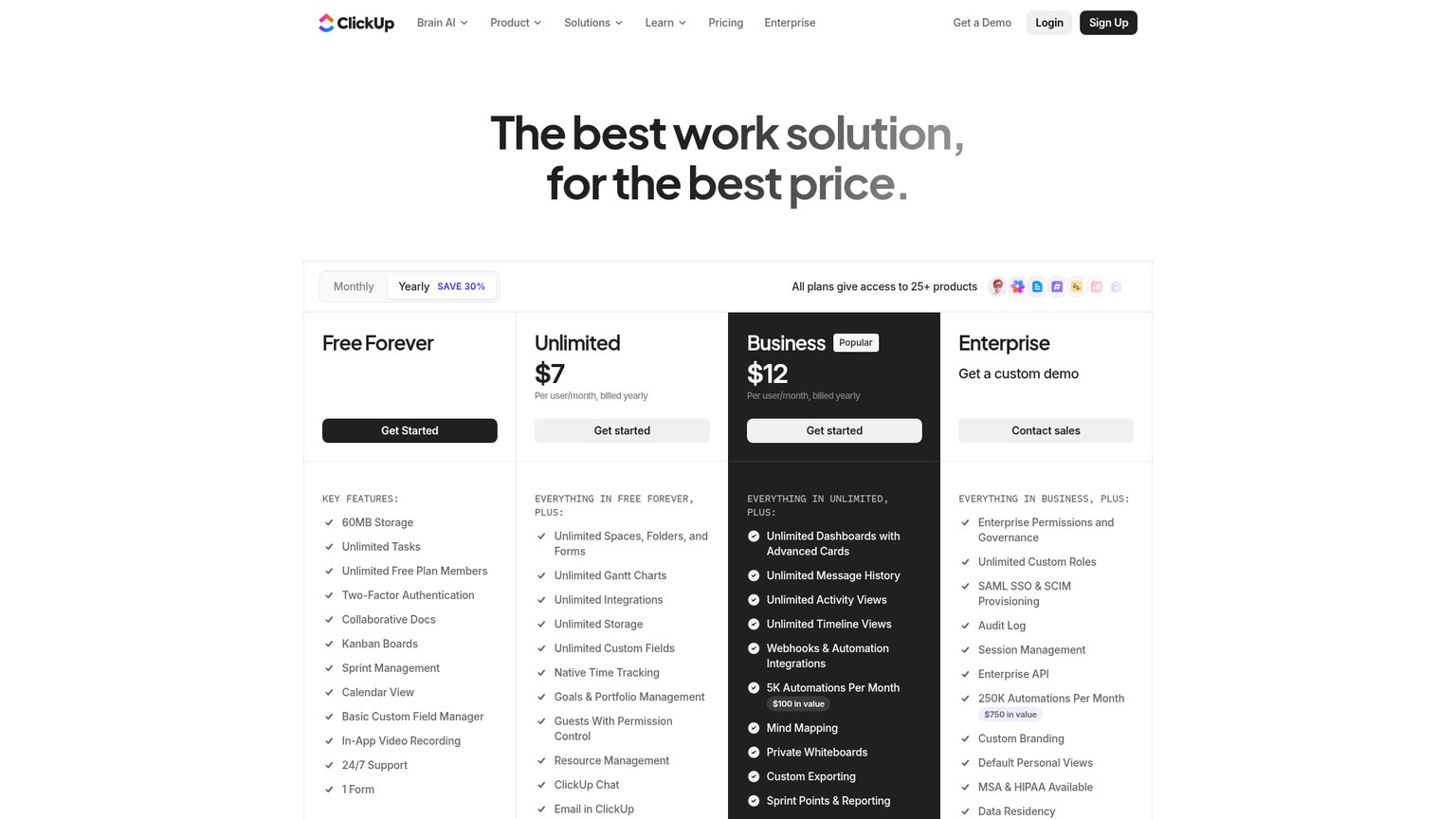 ClickUp pricing page showing Free Forever, Unlimited, and Business plans