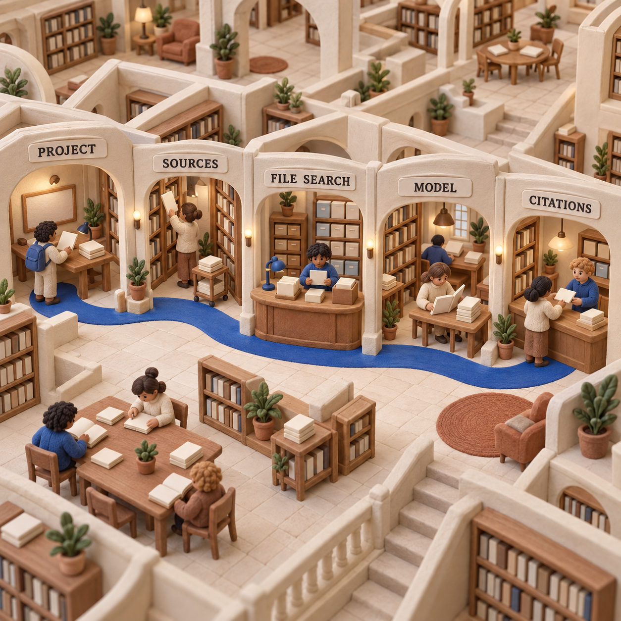Bibliotheksarchitektur aus Knetmasse, die Projektquellen, File Search, Modell und Zitate verbindet