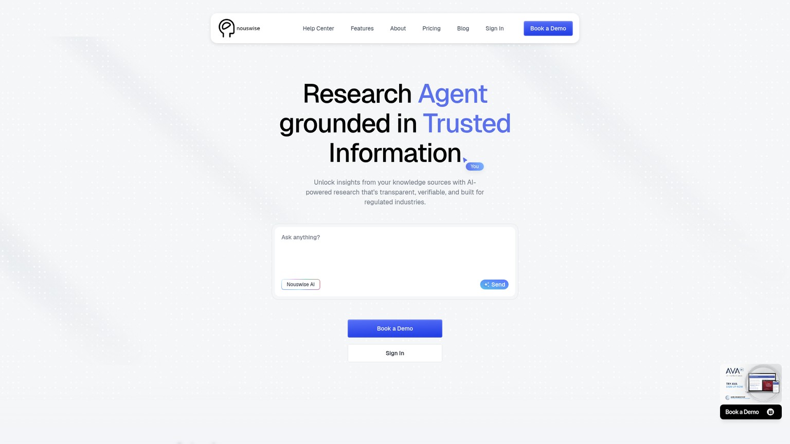 Nouswise-Startseite mit Recherchearbeitsbereich und quellenbasierter Positionierung