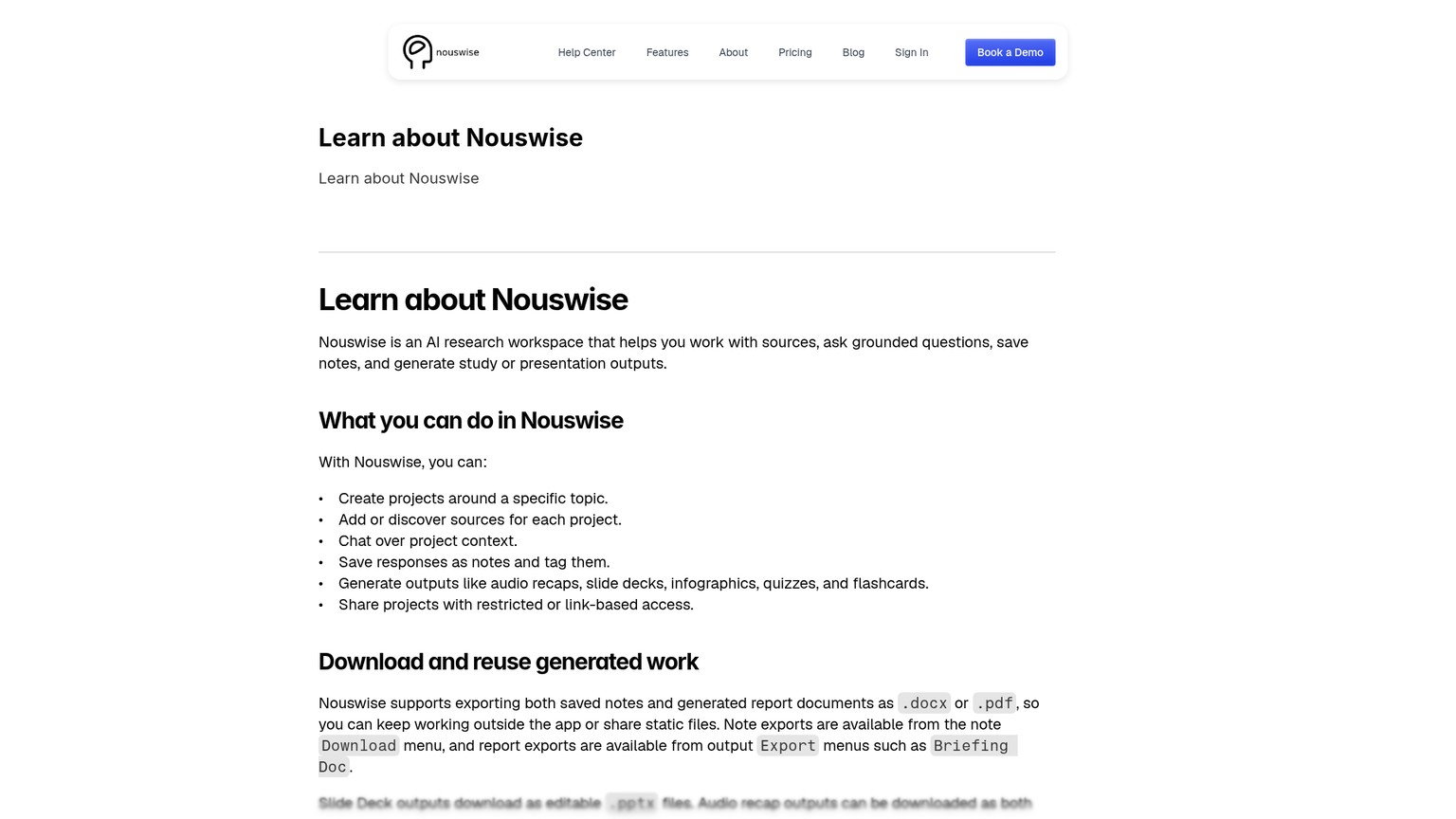 Nouswise-Hilfeseite zu Projekten, Quellen, Notizen, Ergebnissen und Freigaben