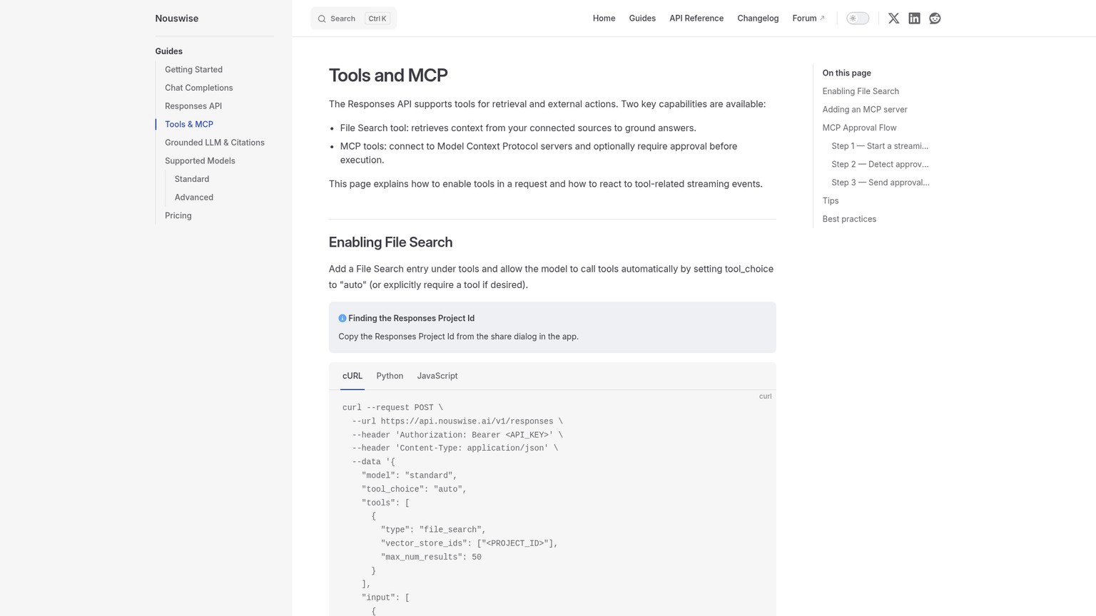 Nouswise-Dokumentation zur Konfiguration von File Search und MCP-Werkzeugen