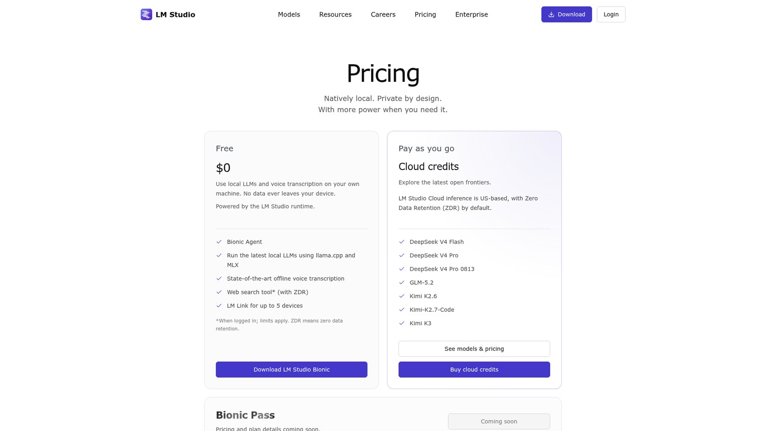 LM Studio pricing page showing Free local use and pay-as-you-go cloud credits