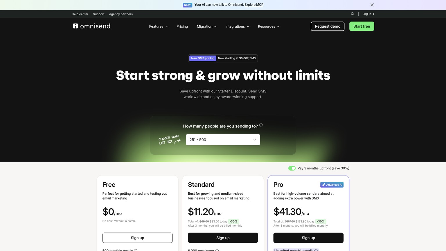 Omnisend pricing page screenshot